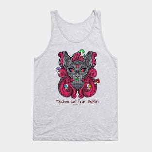 Techno cat from Berlin - Catsondrugs.com - rave, edm, festival, techno, trippy, music, 90s rave, psychedelic, party, trance, rave music, rave krispies, rave Tank Top